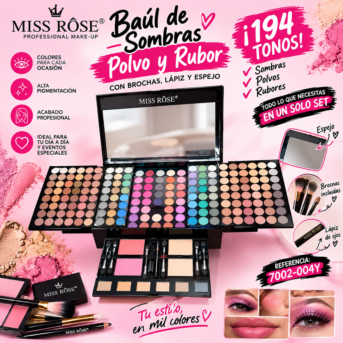 BAUL DE SOMBRAS POLVO Y RUBOR *194 TONOS CON BROCHAS LAPIZ Y ESPEJO BLOCKBUSTER MISS ROSE REF 7002-004Y
