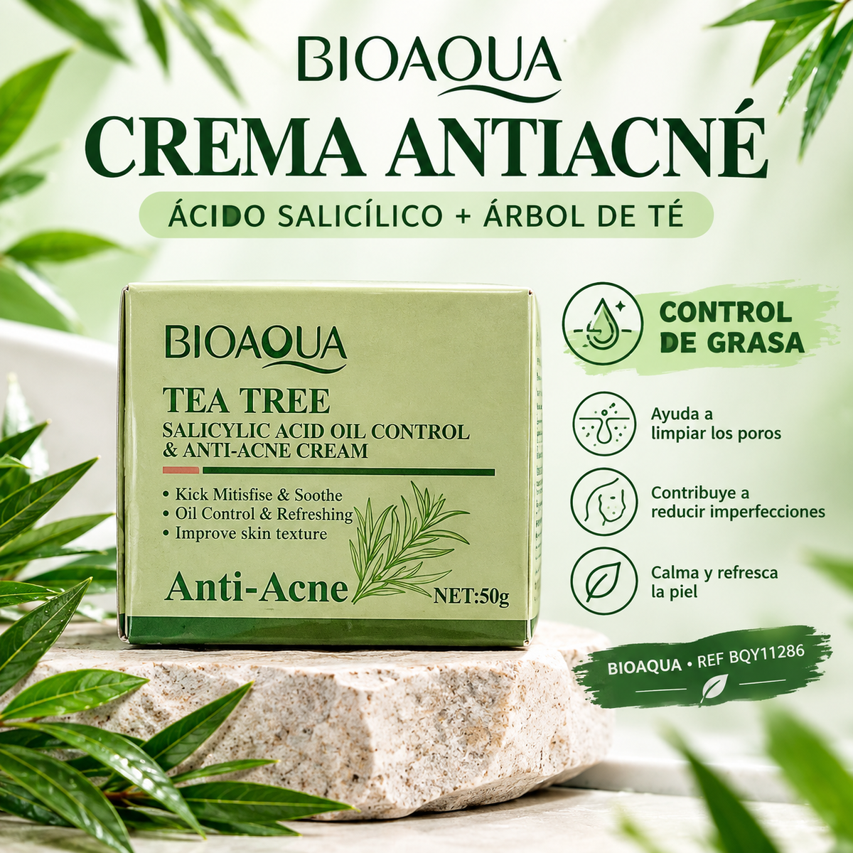 CREMA ANTIACNE Y CONTROL GRASA CON ACIDO SALICILICO ARBOL DE TE BIOAQUA REF BQY11286