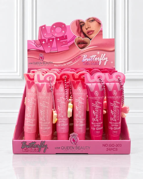 LIP GLOSS SULTICOLOR SPIRAL CON LLAVERO BUTTERFLY LOVE QUEEN BEAUTY REF GQ-303
