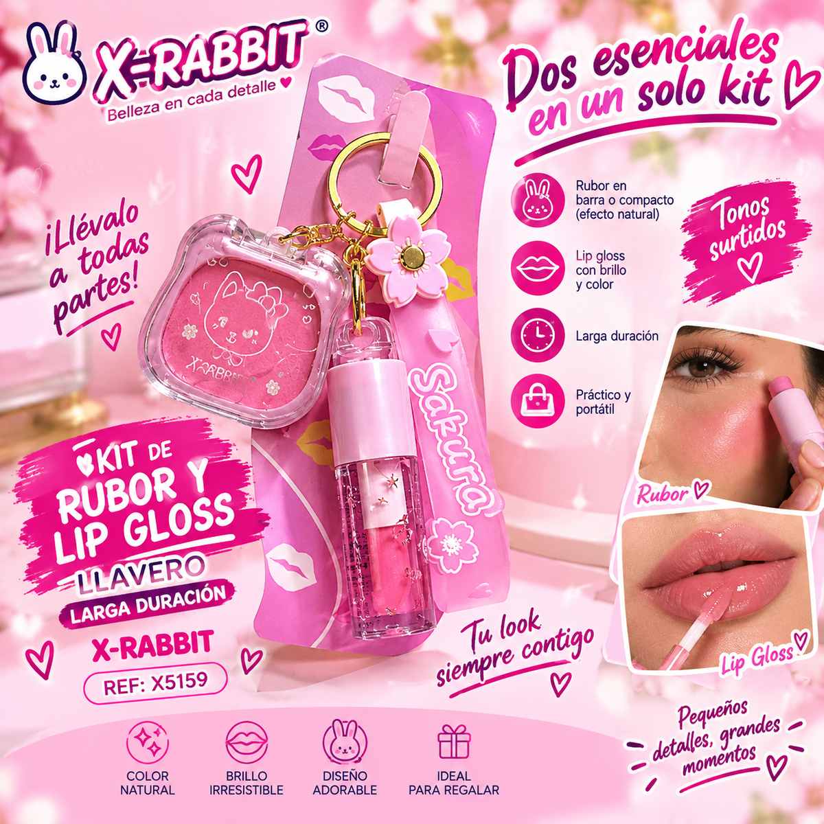 KIT DE RUBOR Y LIP GLOSS LLAVERO LARGA DURACION X-RABBIT REF X5159