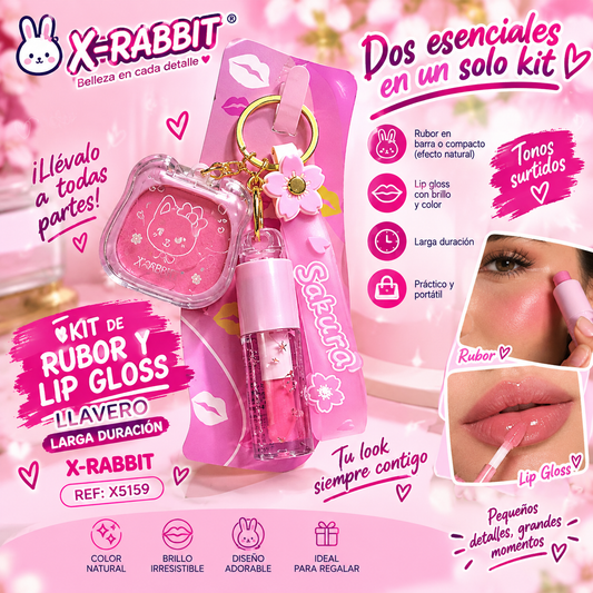 KIT DE RUBOR Y LIP GLOSS LLAVERO LARGA DURACION X-RABBIT REF X5159