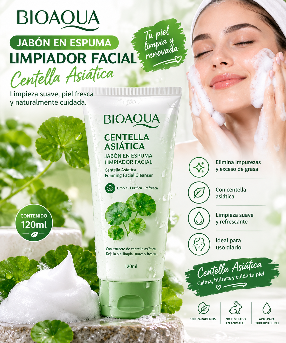 JABON EN ESPUMA LIMPIADOR FACIAL CENTELLA ASIATICA 120ML BIOAQUA REF BQY79992
