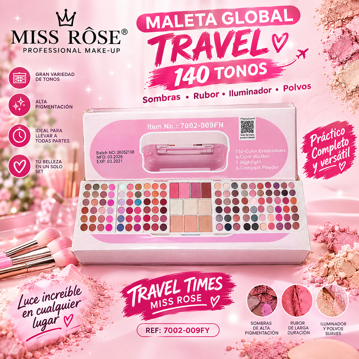 MALETA GOBAL TRAVEL DE SOMBRAS RUBOR ILUMINADOR POLVOS * 140 TONOS TRAVEL TIMES MISS ROSE REF 7002-009FY