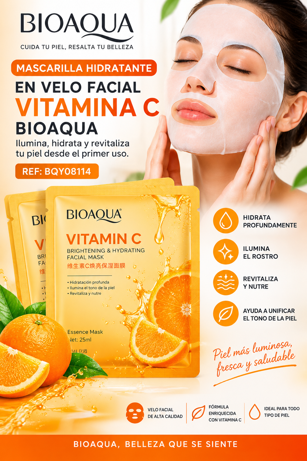 MASCARILLA HIDRATANTE EN VELO FACIAL DE VITAMINA C BIOAQUA REF BQY08114