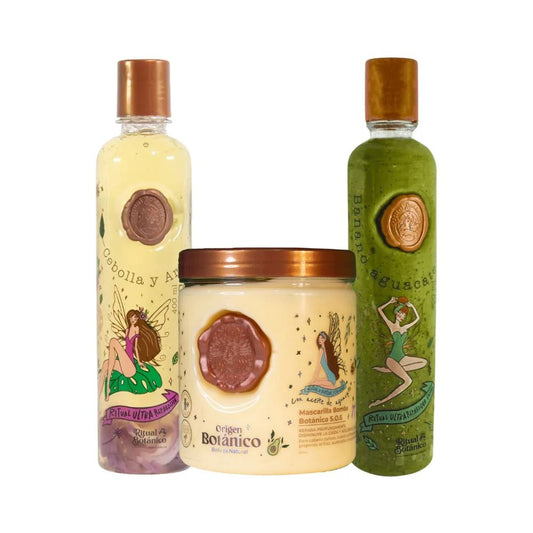 Ritual Botánico Kit 3. Crecimiento Acelerado Ultra Reparador SOS de Origen Botánico: Shampoo de Cebolla, Mascarilla Bomba Capilar, Acondicionador Intensivo PLEX